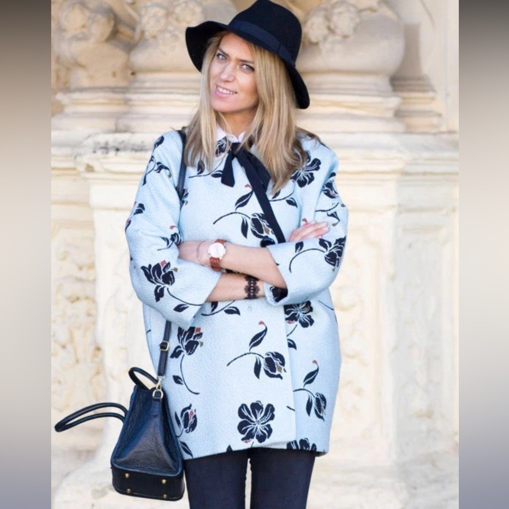 Zara Basic Floral Jacquard Coat Size Small Black White Structured